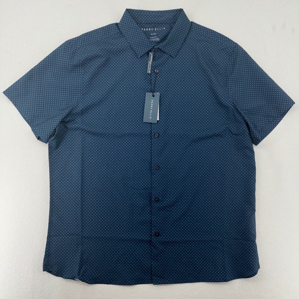 Perry Ellis Mens XL Short Sleeve Button Down Shirt Mood Indigo Stretch 4HMW9002